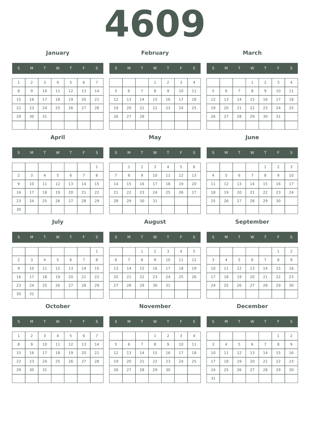 Printable 4609 Year Calendars feldgrau