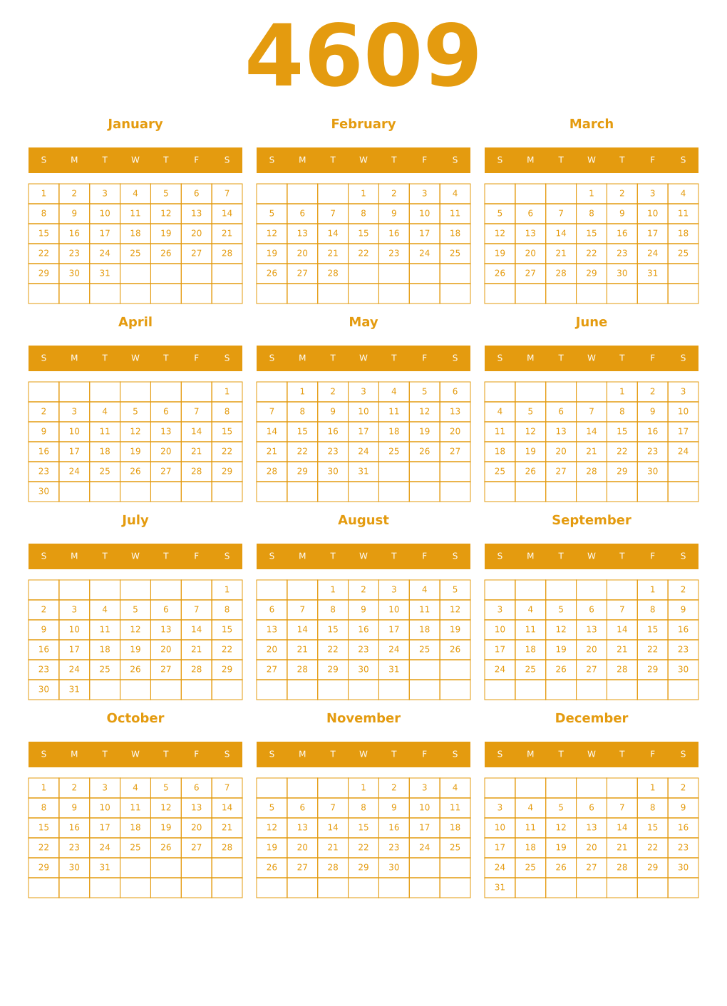 Printable 4609 Year Calendars gamboge
