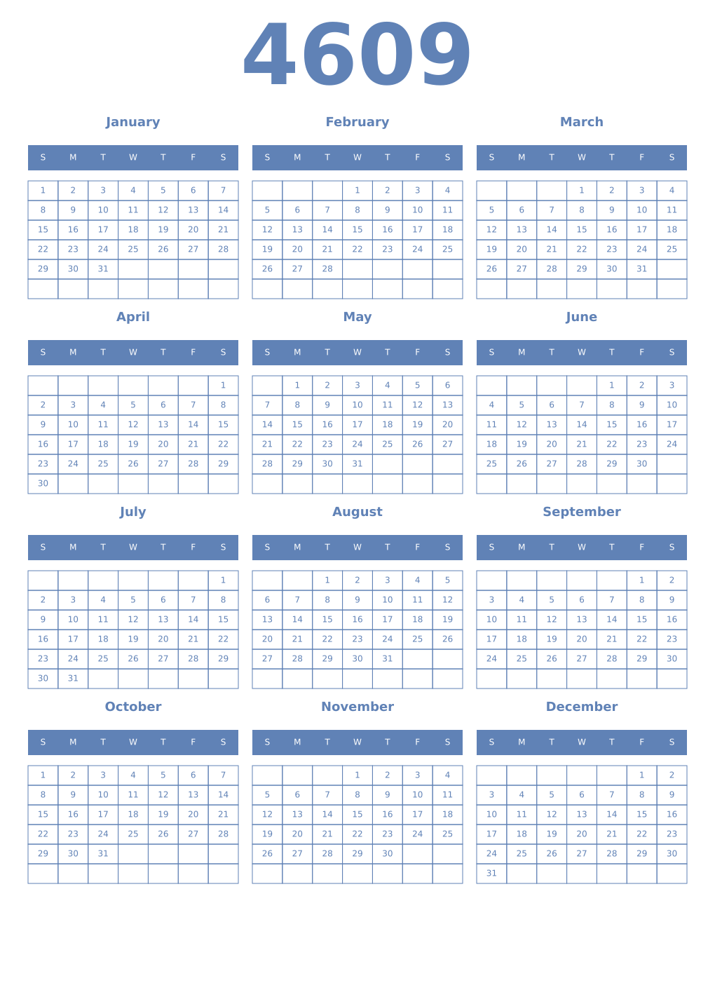 Printable 4609 Year Calendars glaucous