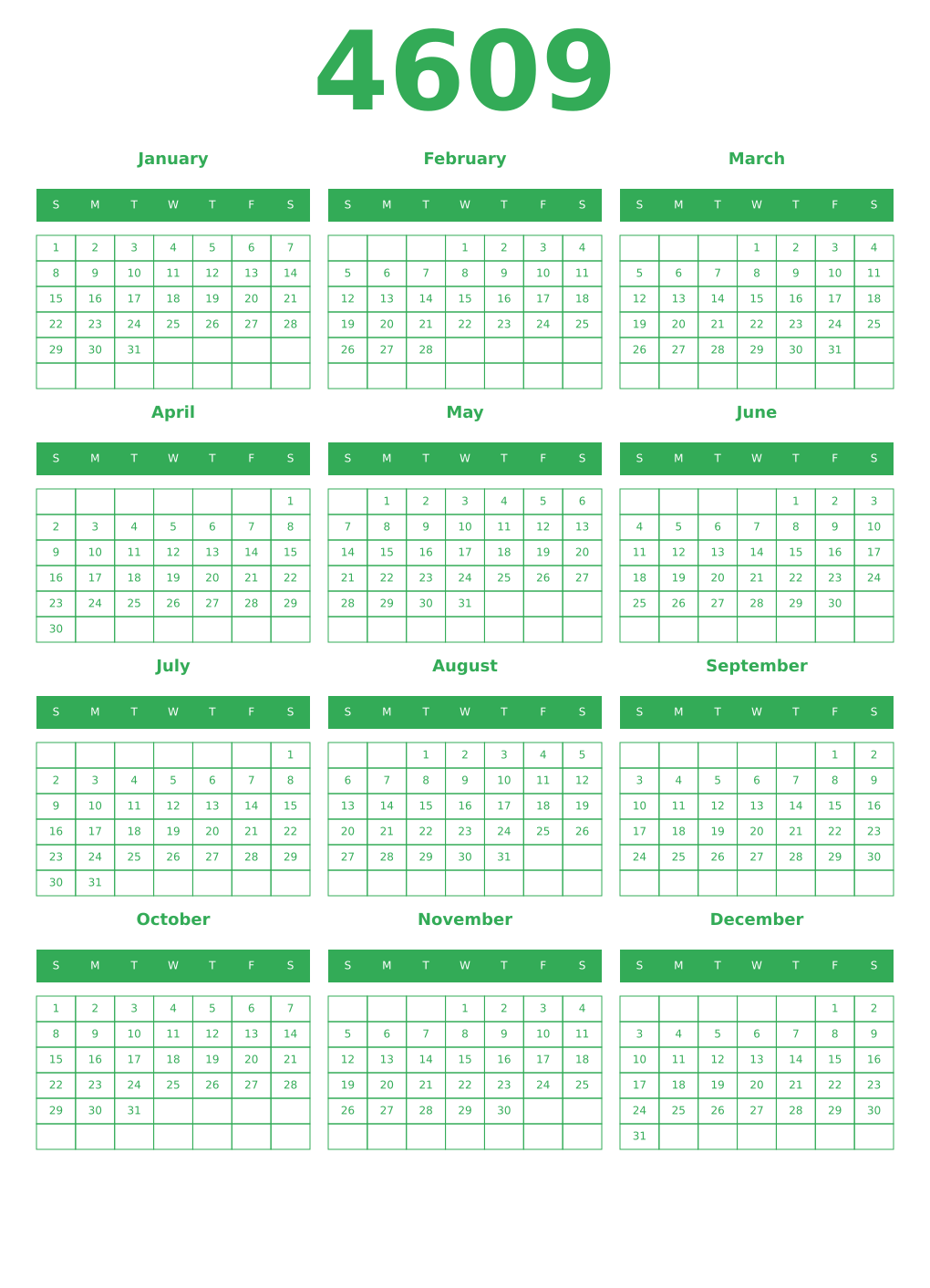 Printable 4609 Year Calendars green