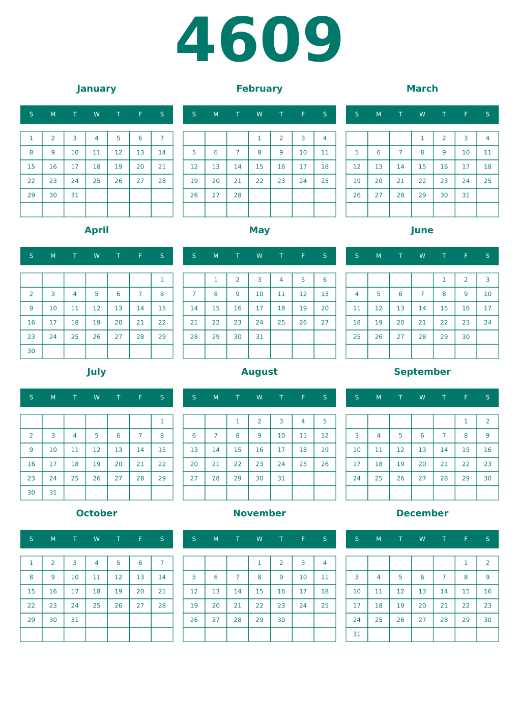 Printable 4609 Year Calendars pastel