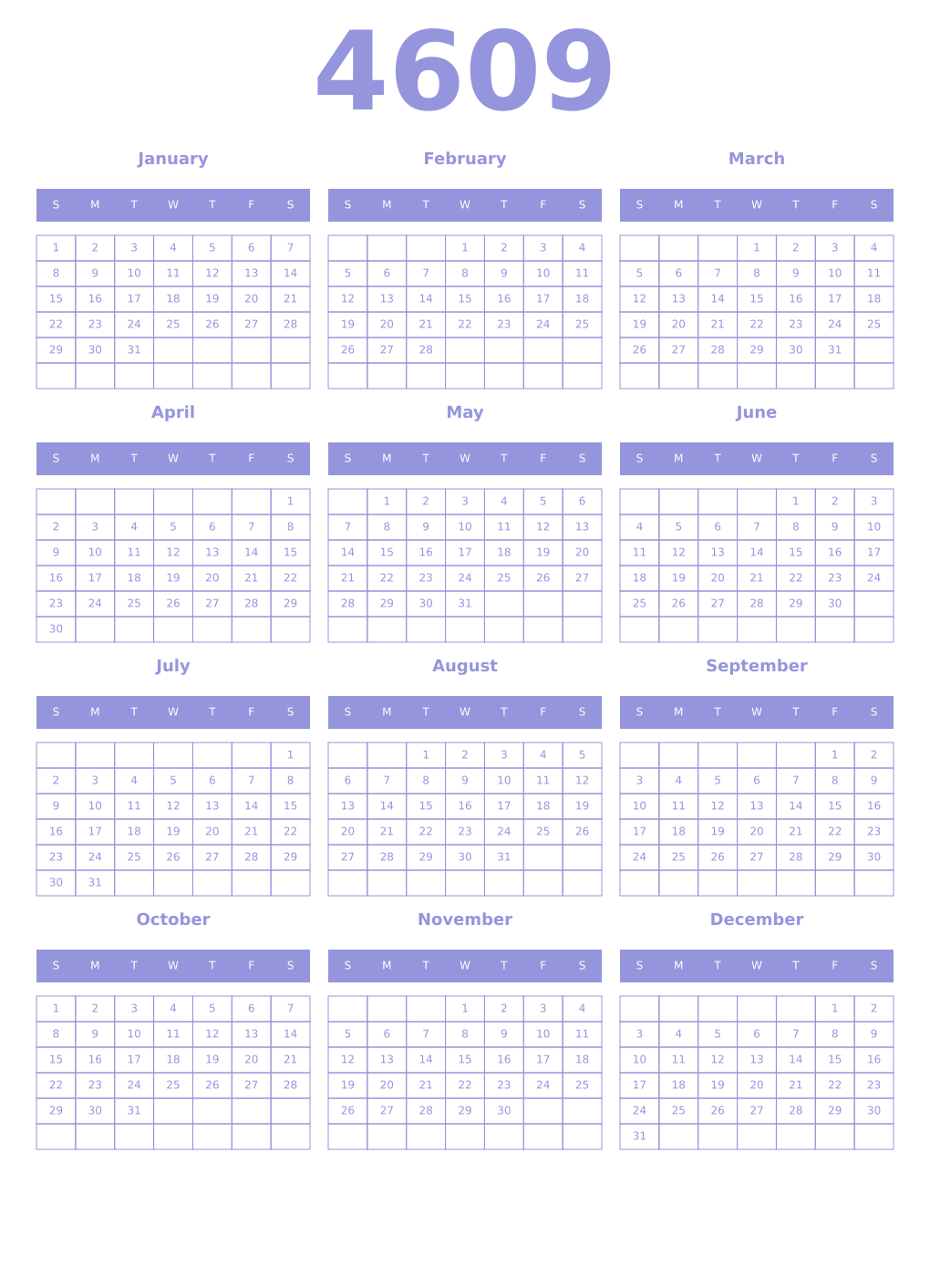 Printable 4609 Year Calendars periwinkle