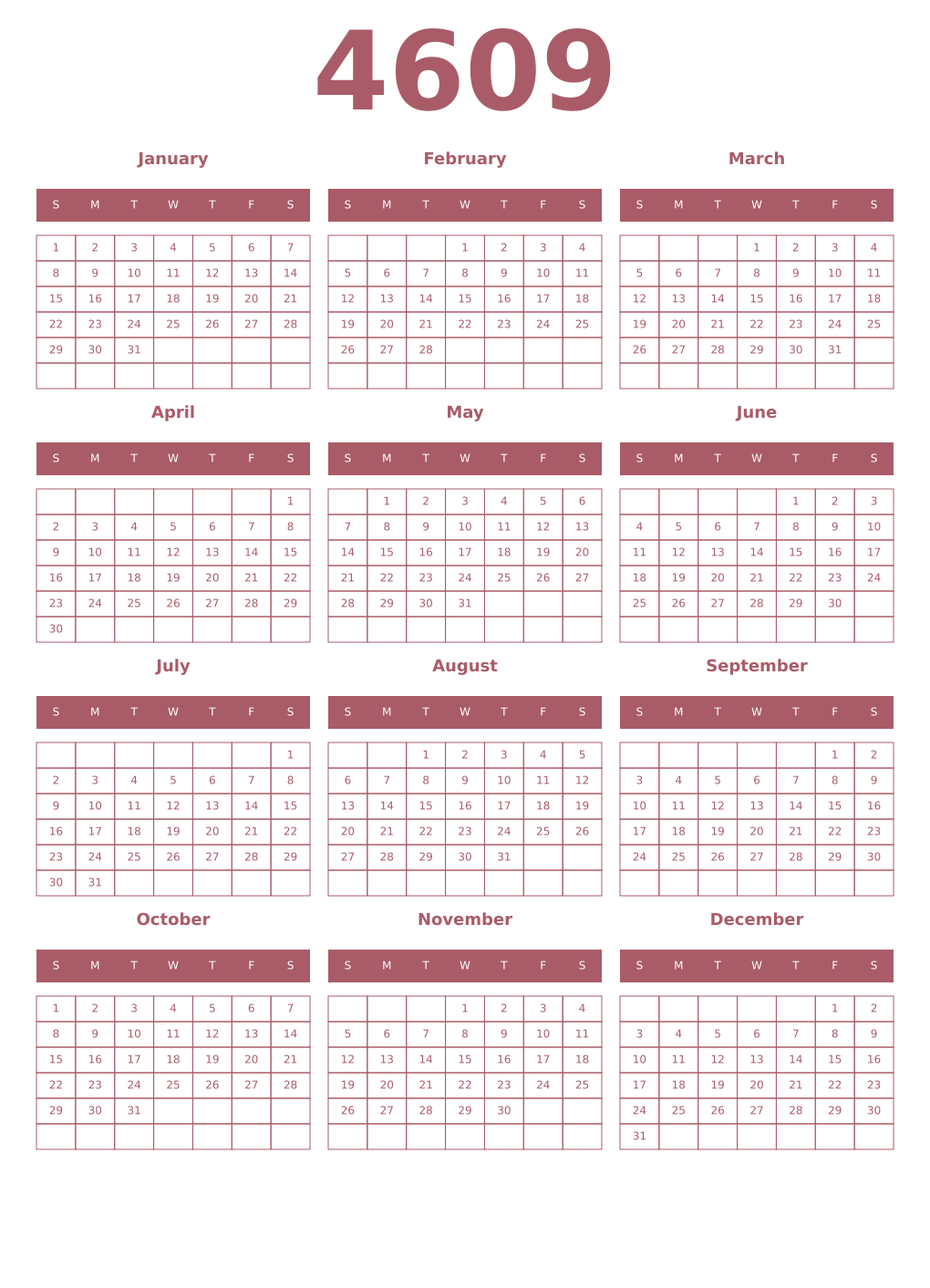 Printable 4609 Year Calendars puce