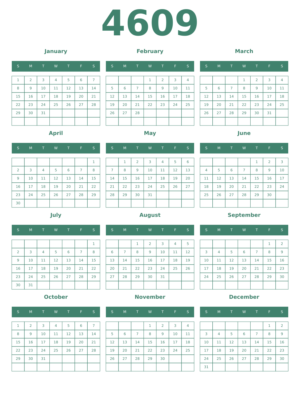 Printable 4609 Year Calendars viridian