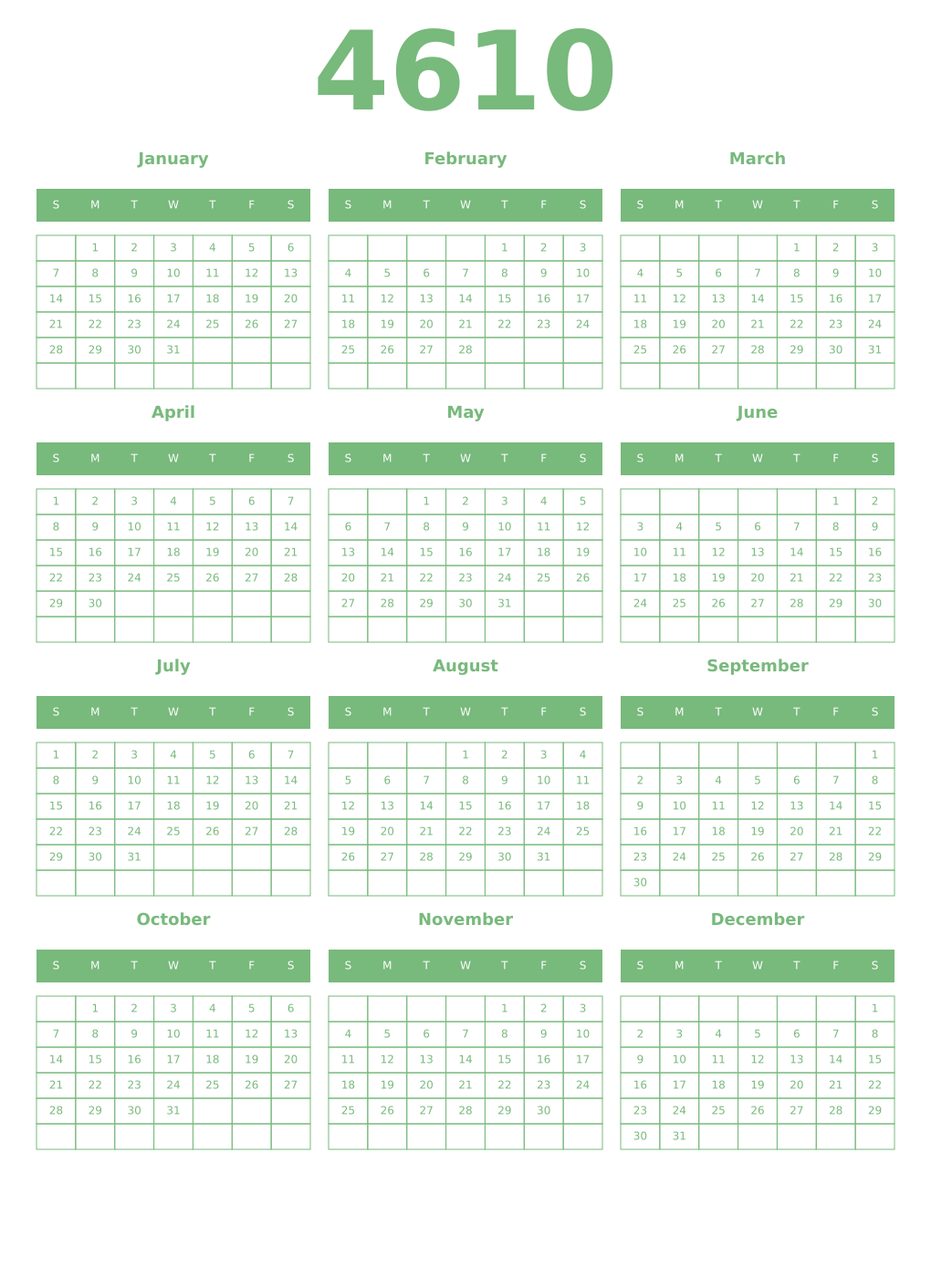 Printable 4610 Year Calendars celadon