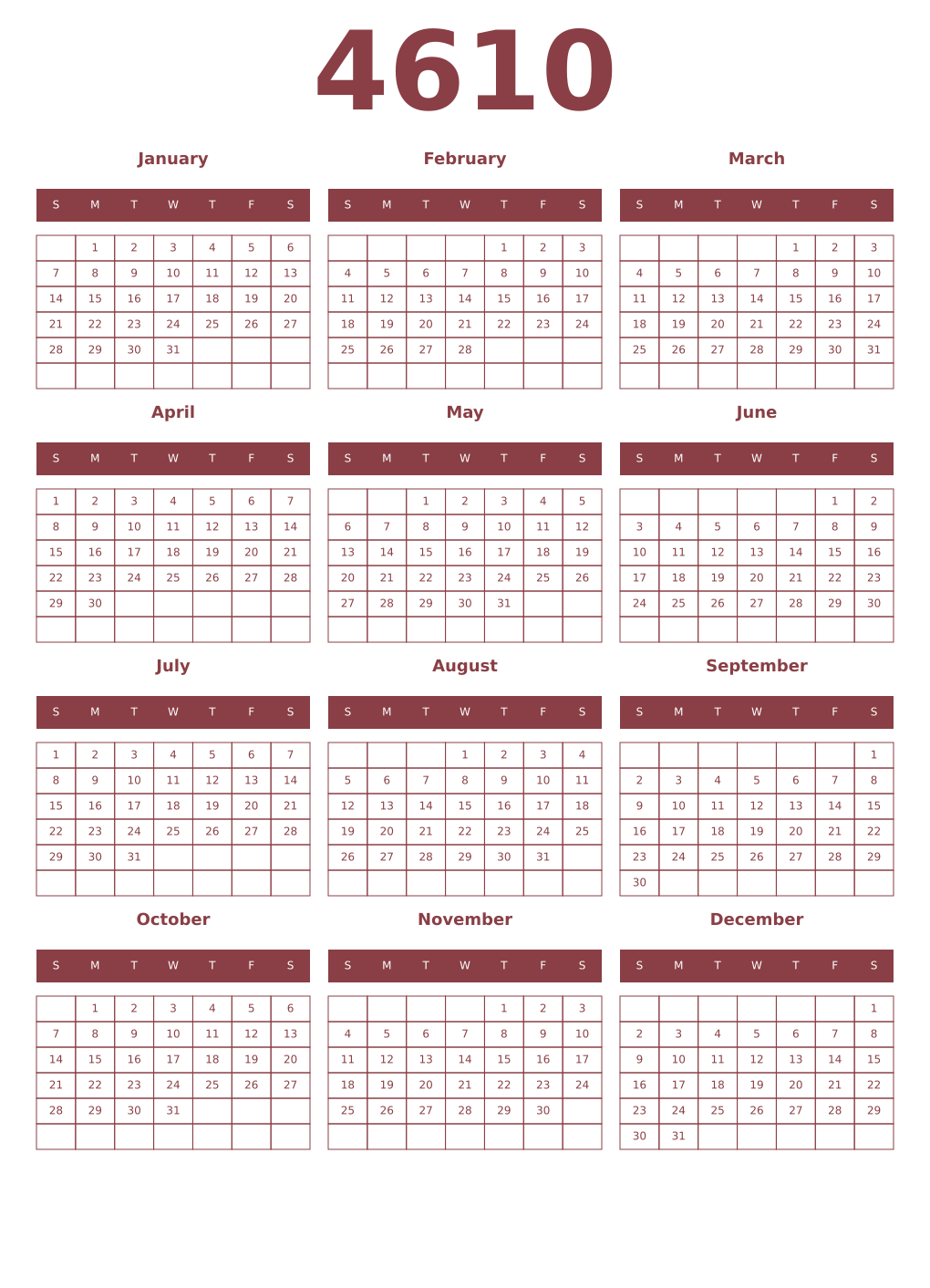 Printable 4610 Year Calendars cordovan