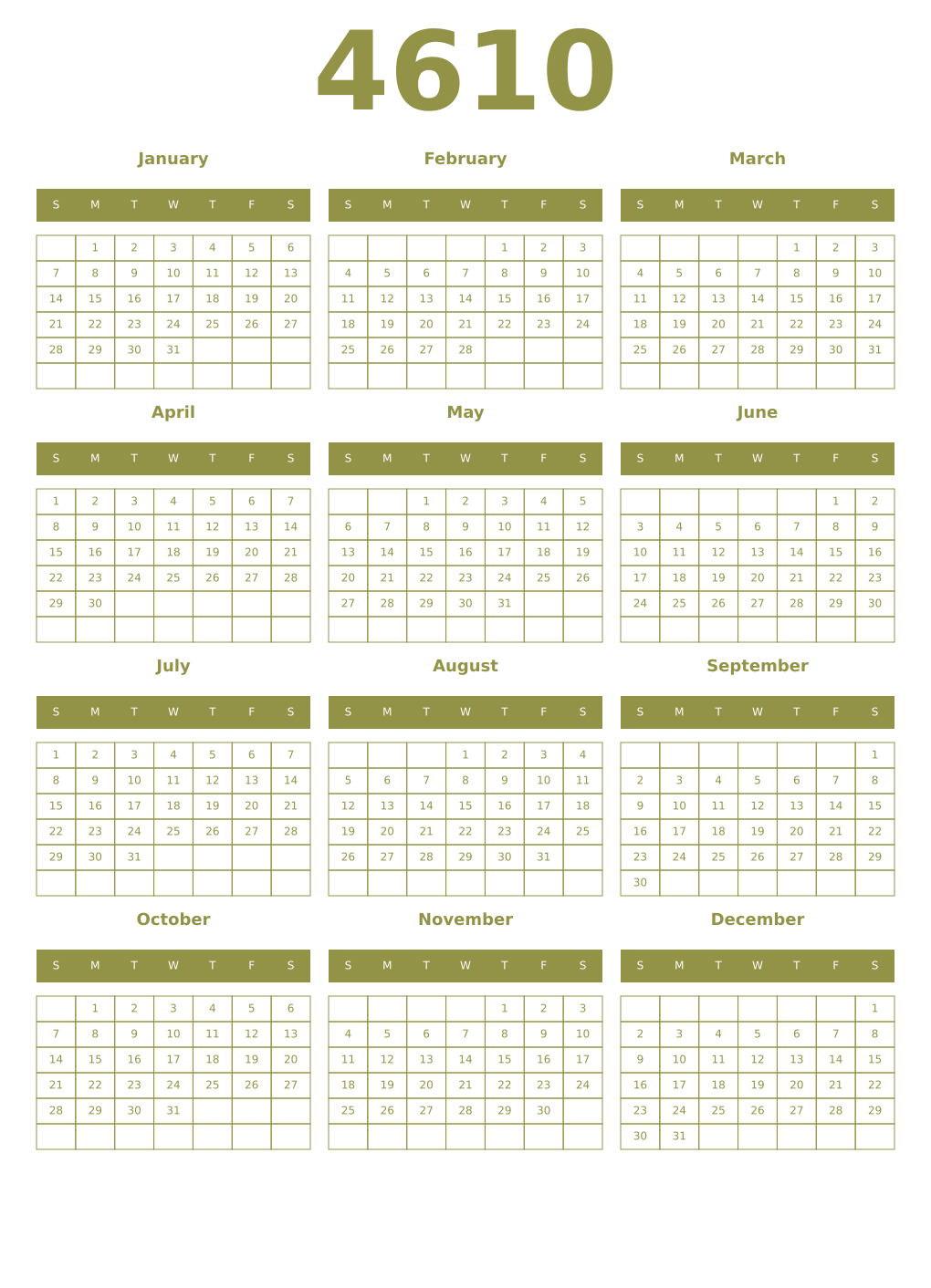 Printable 4610 Year Calendars eburnean