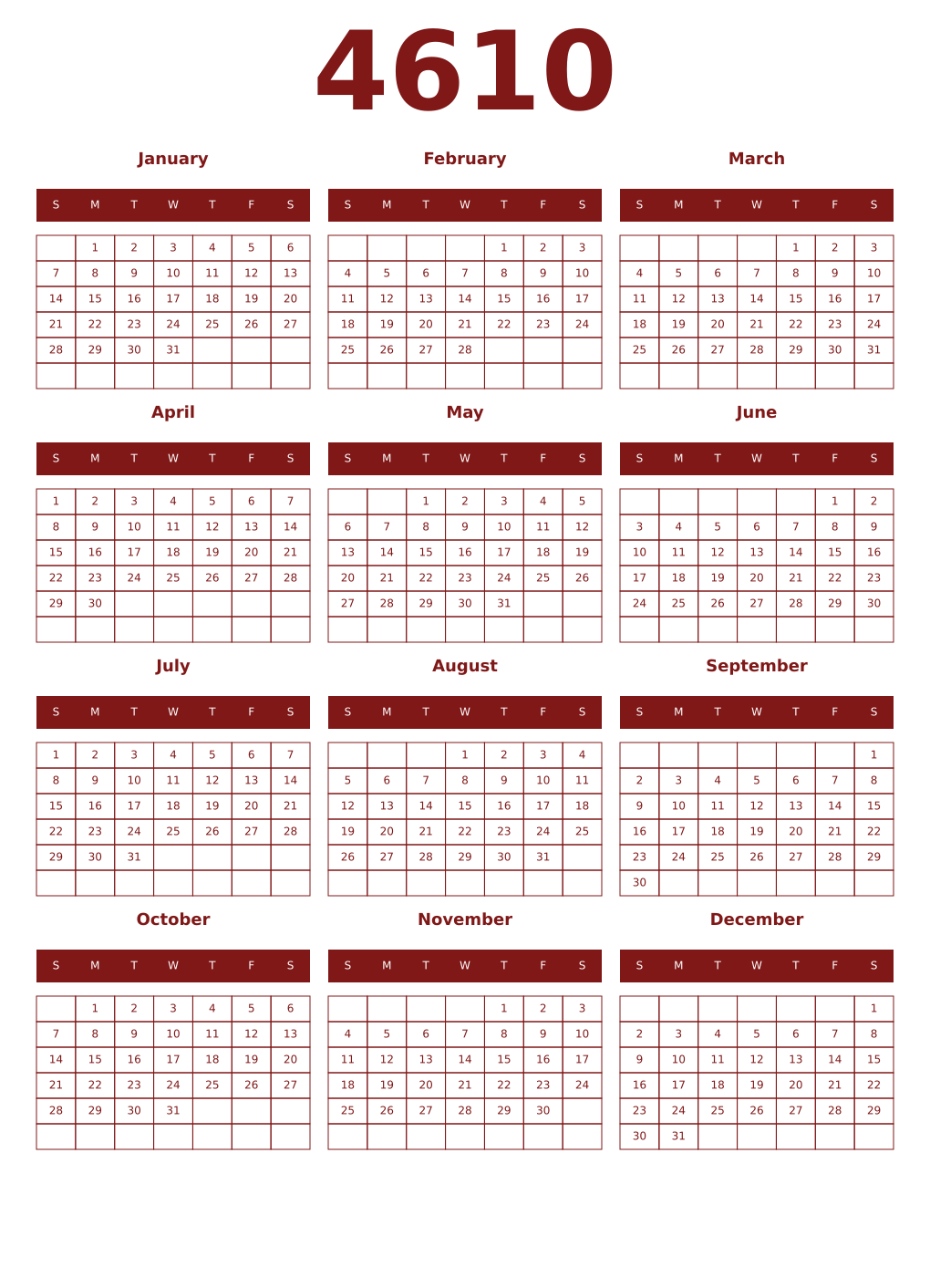 Printable 4610 Year Calendars falu