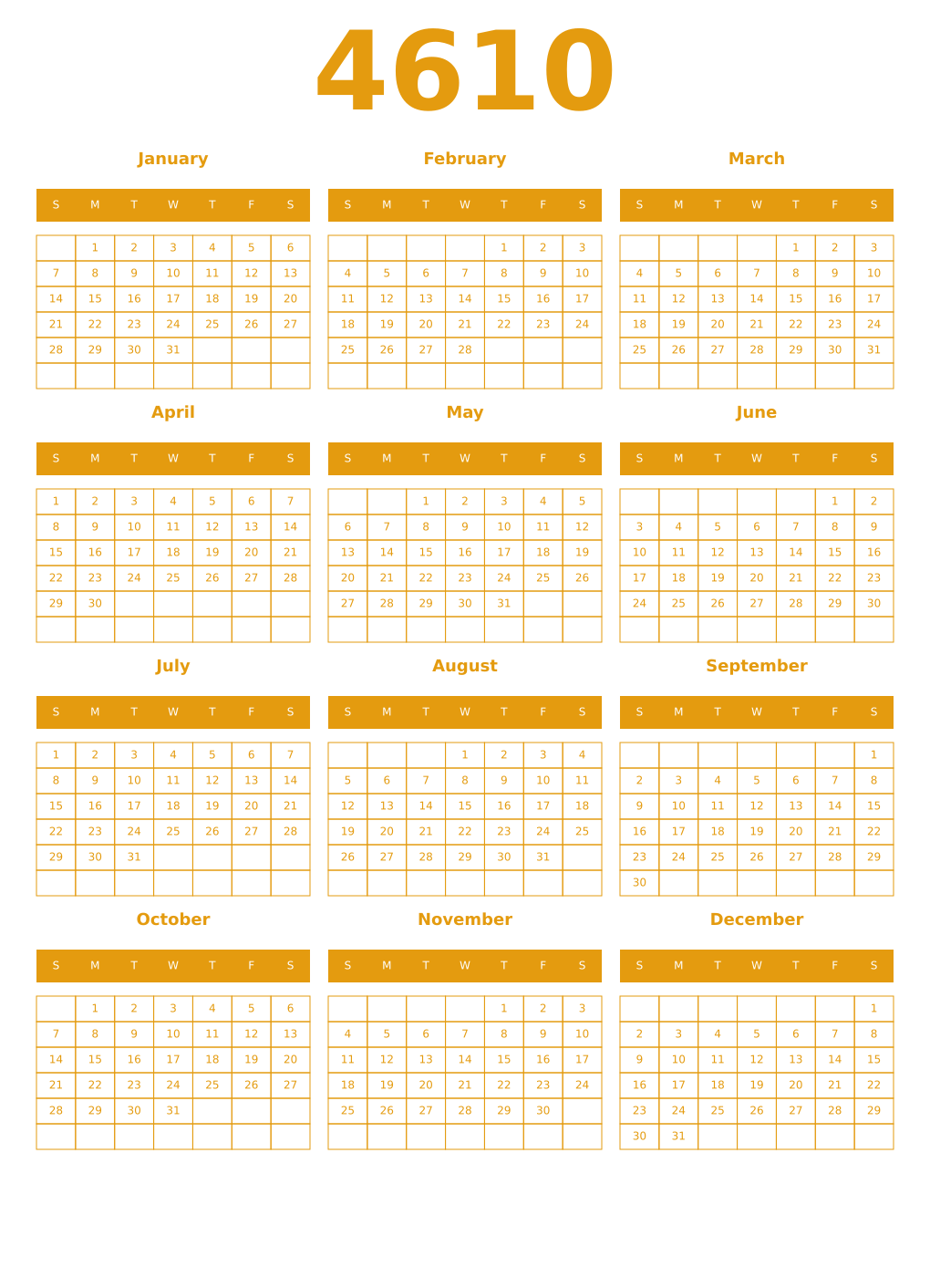 Printable 4610 Year Calendars gamboge