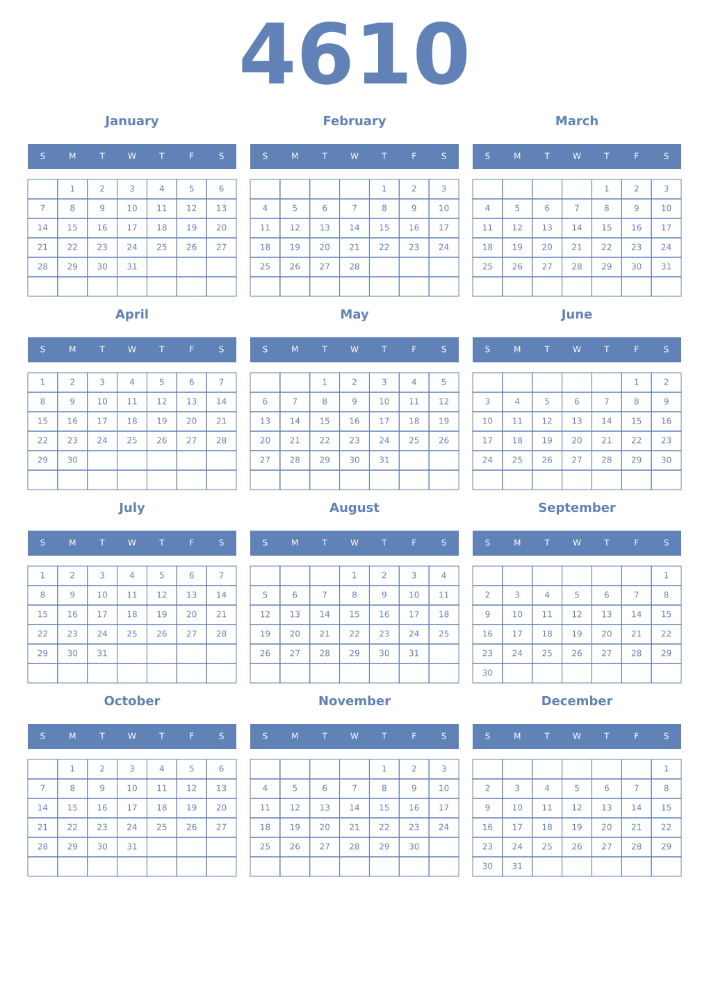 Printable 4610 Year Calendars glaucous