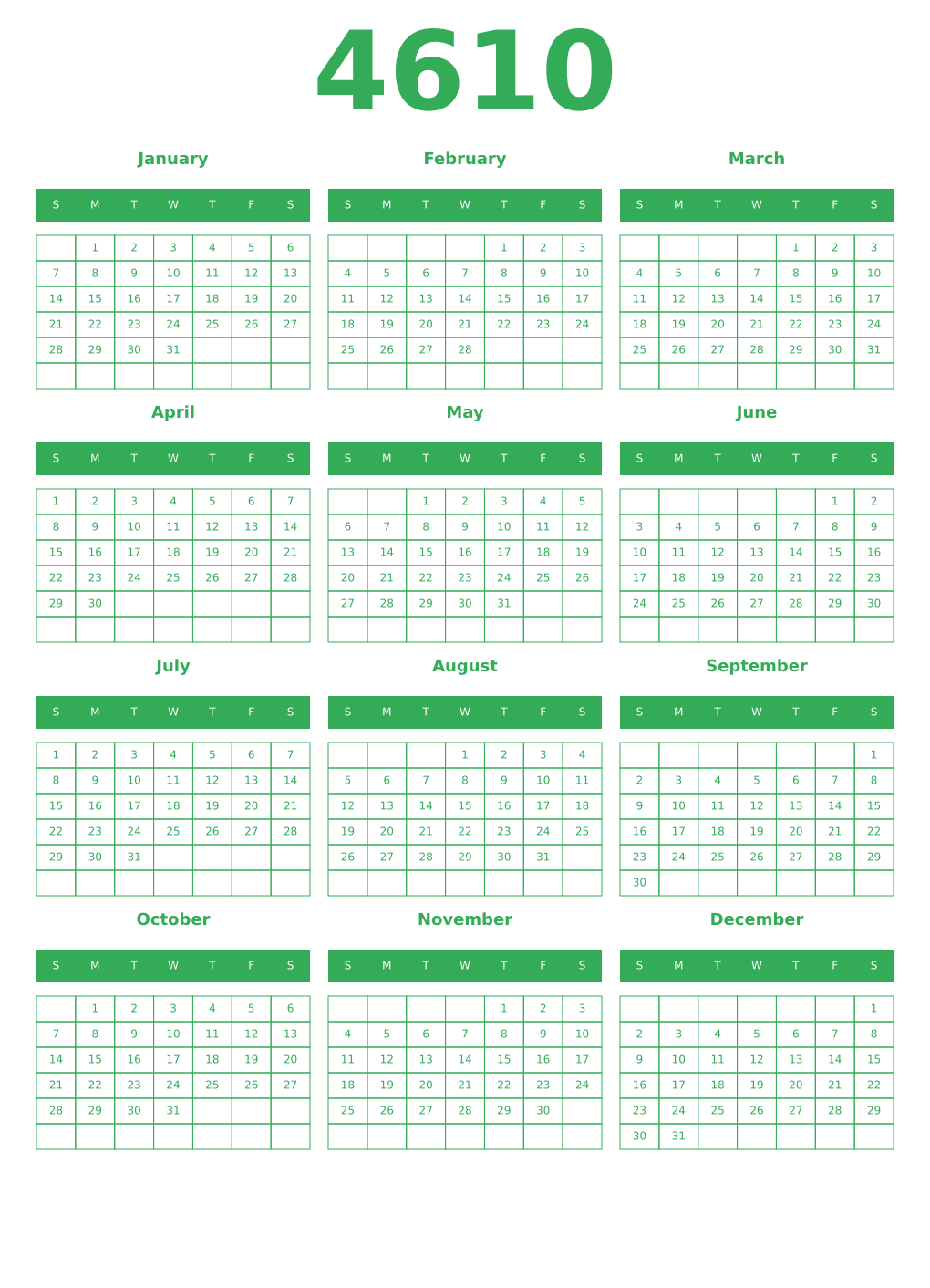 Printable 4610 Year Calendars green