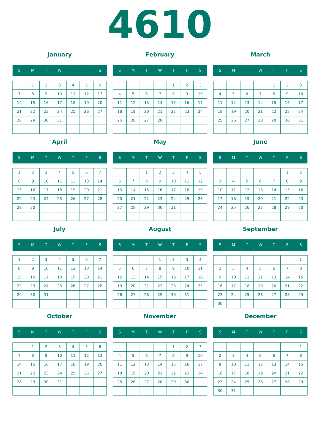 Printable 4610 Year Calendars pastel