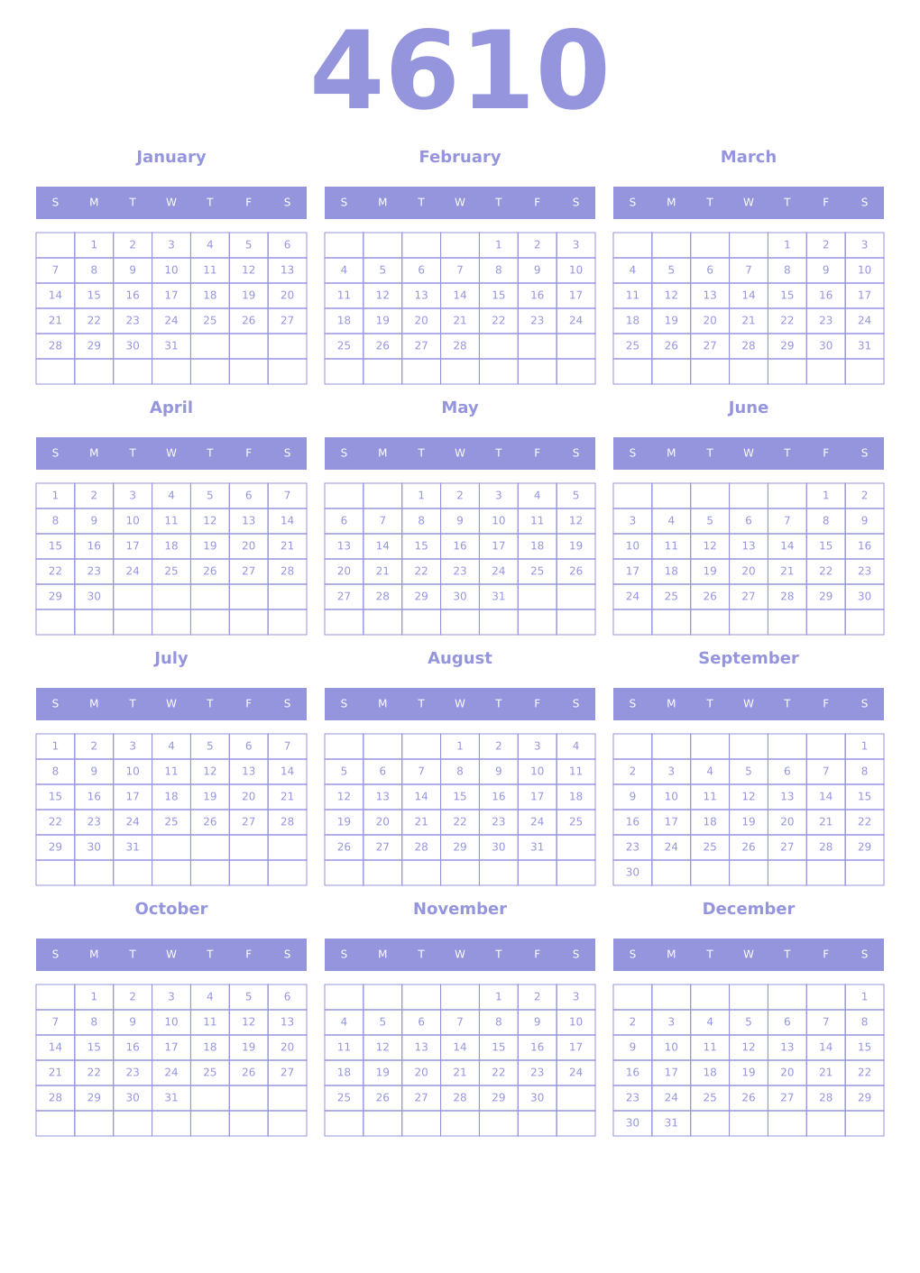 Printable 4610 Year Calendars periwinkle