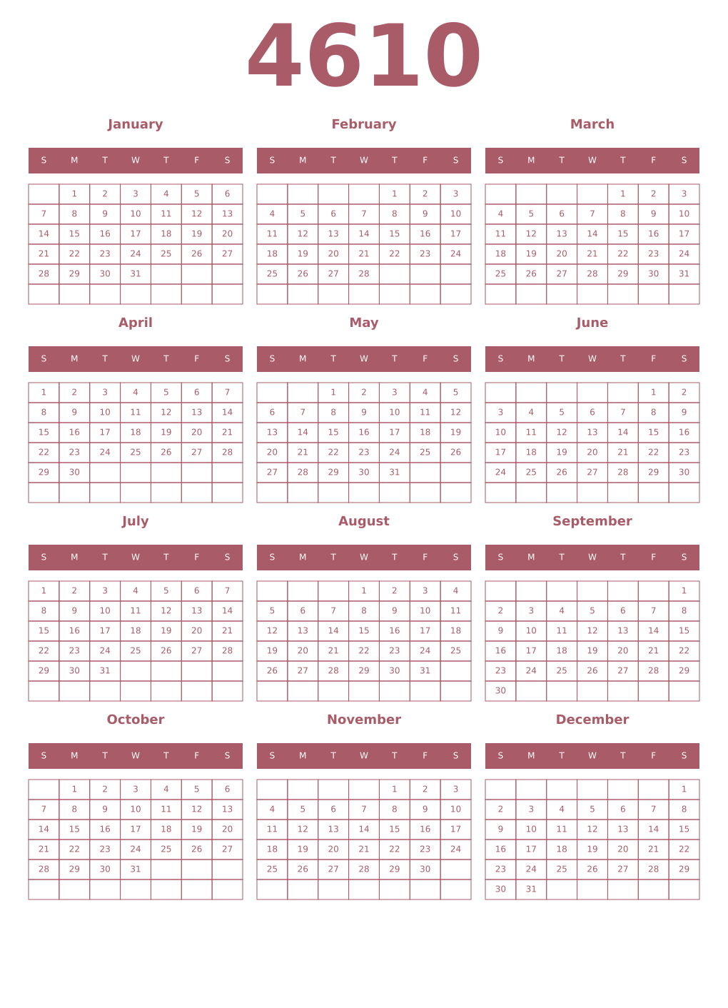 Printable 4610 Year Calendars puce