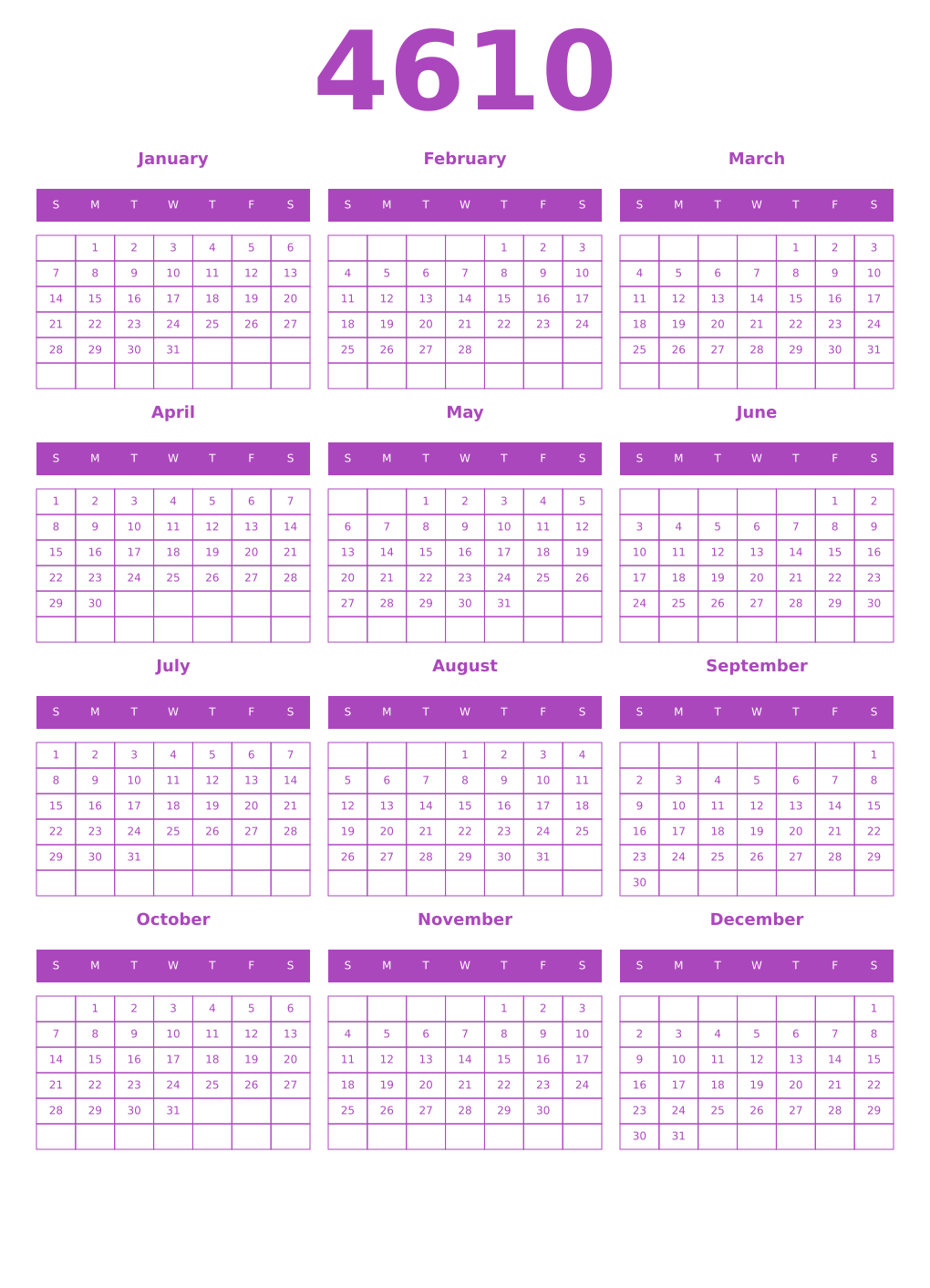 Printable 4610 Year Calendars purple