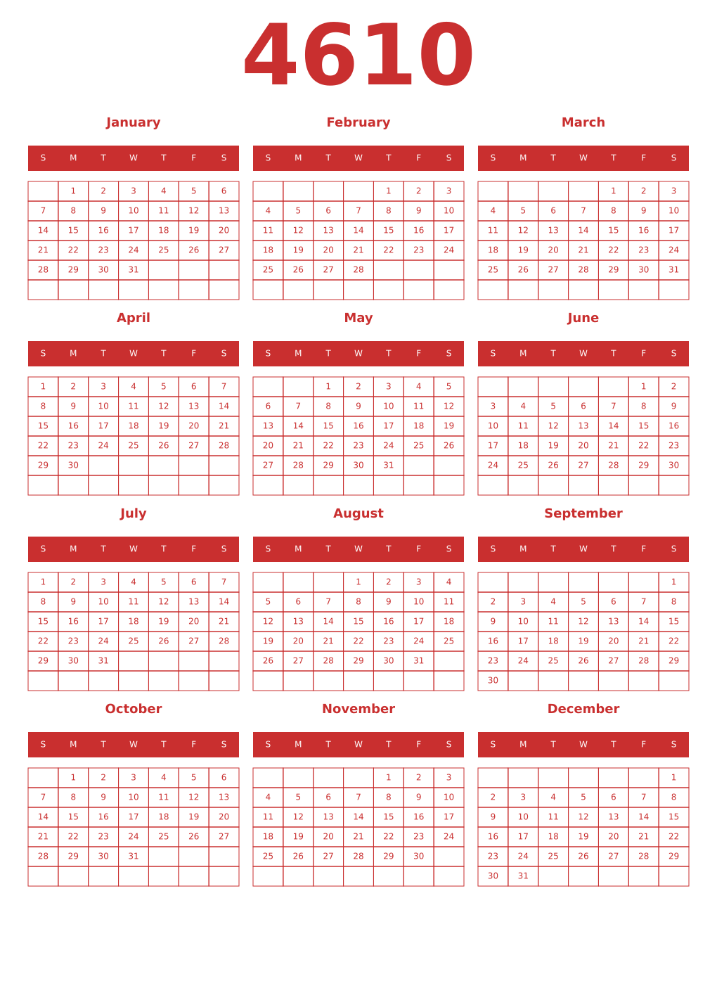 Printable 4610 Year Calendars red