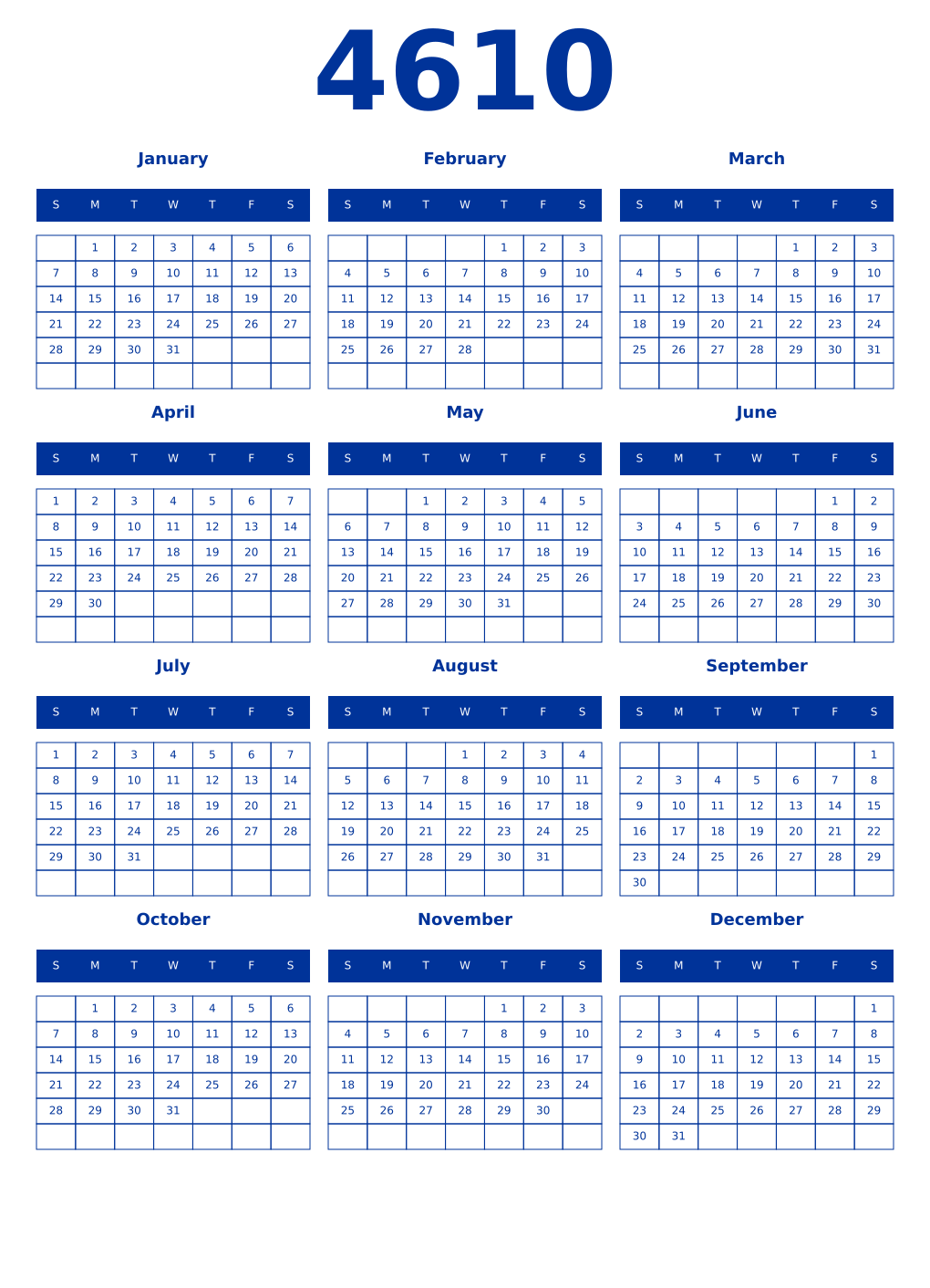 Printable 4610 Year Calendars smalt