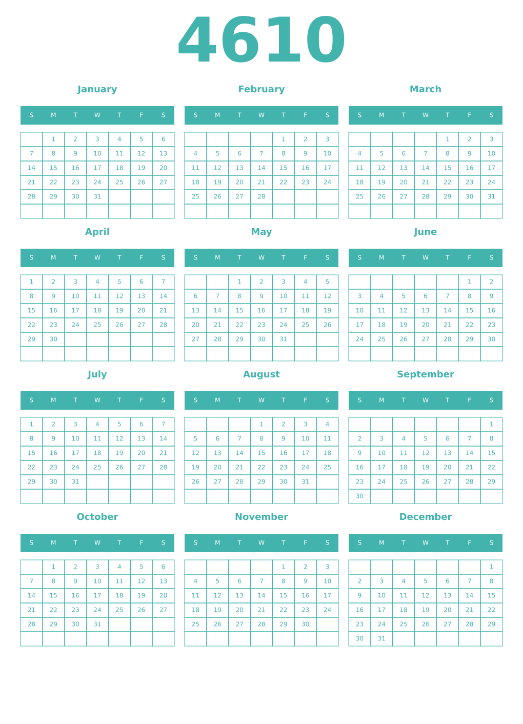 Printable 4610 Year Calendars verdigris