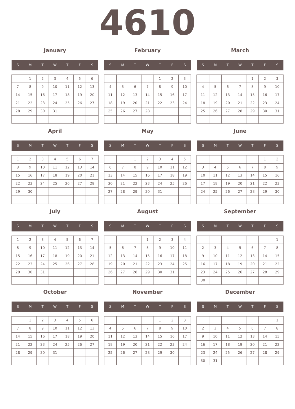 Printable 4610 Year Calendars wenge
