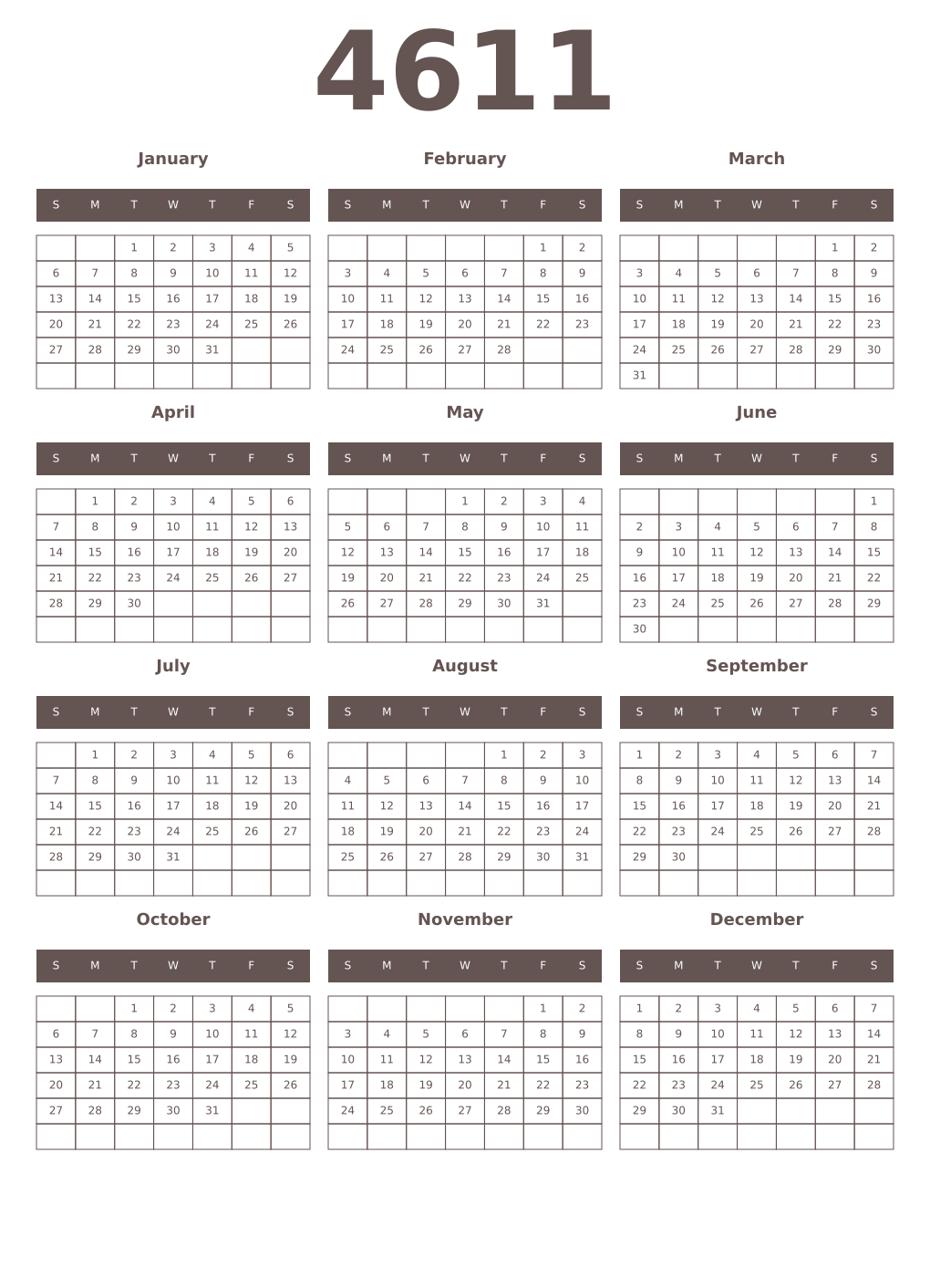 Printable 4611 Year Calendars wenge