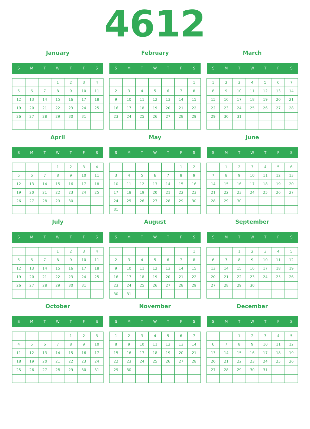 Printable 4612 Year Calendars green