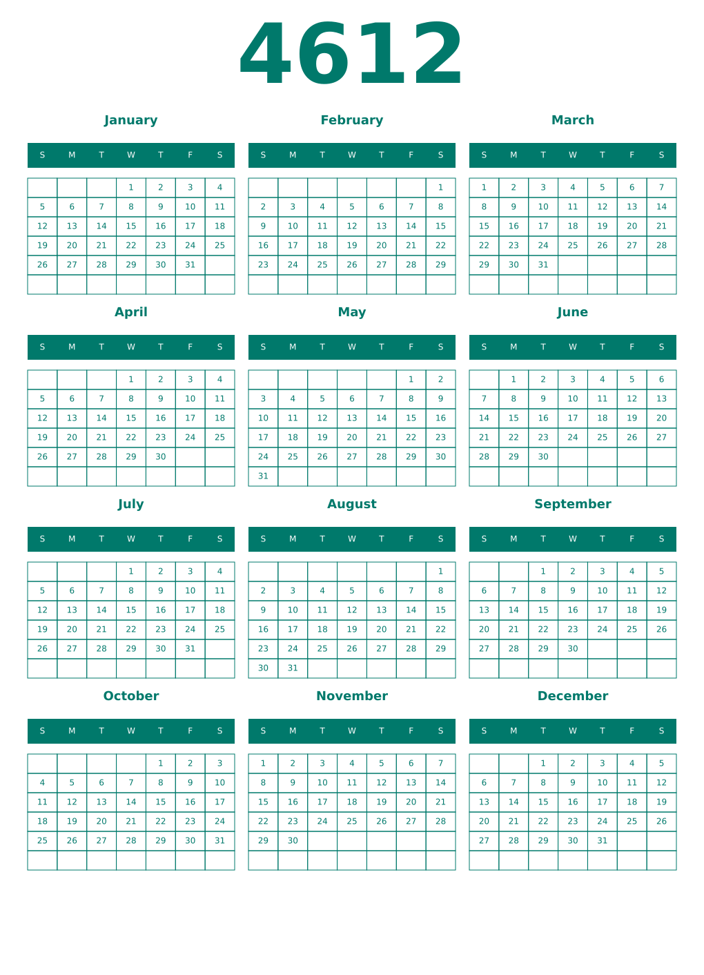 Printable 4612 Year Calendars pastel