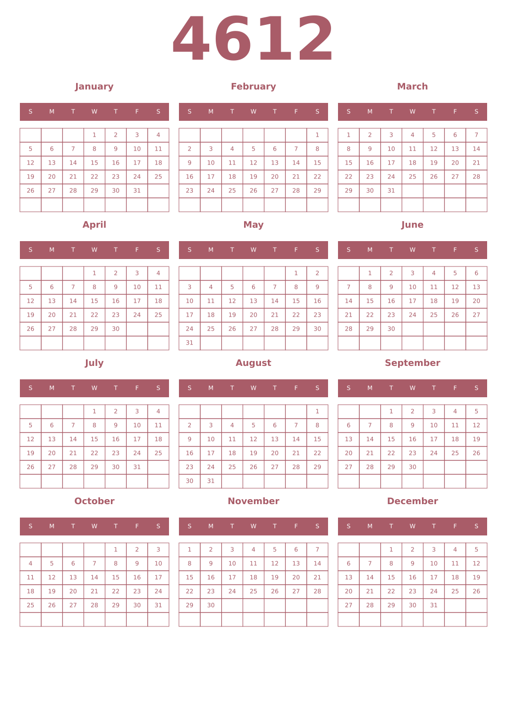 Printable 4612 Year Calendars puce