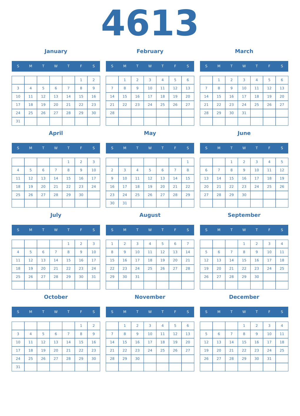 Printable 4613 Year Calendars blue