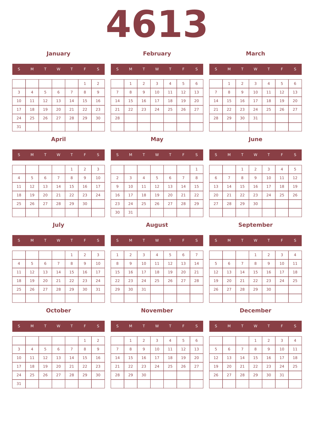 Printable 4613 Year Calendars cordovan