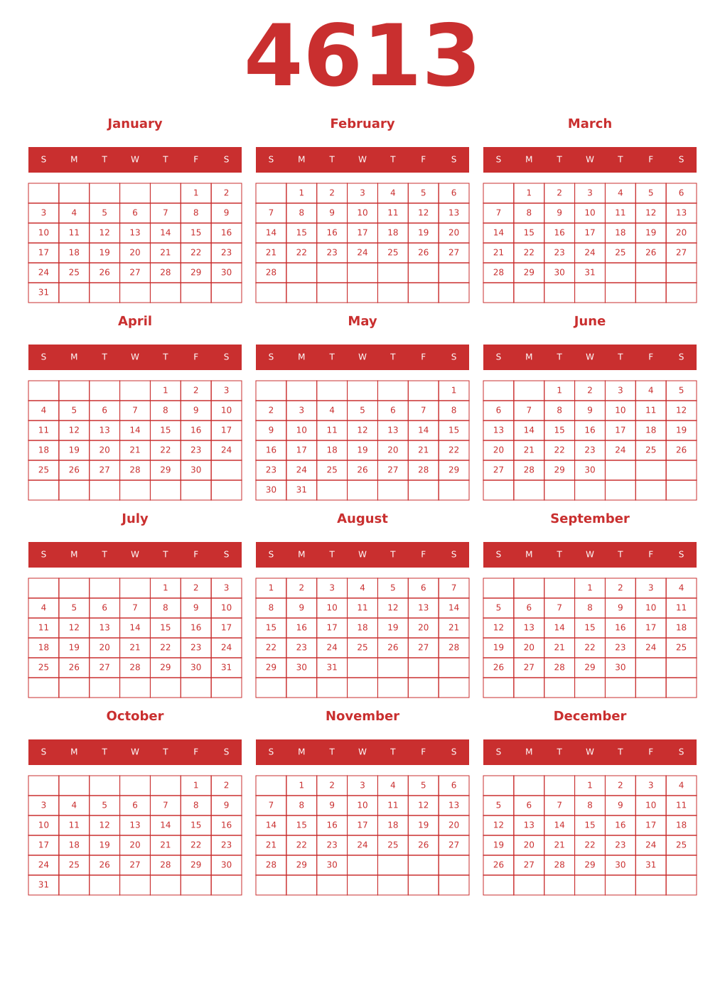 Printable 4613 Year Calendars red