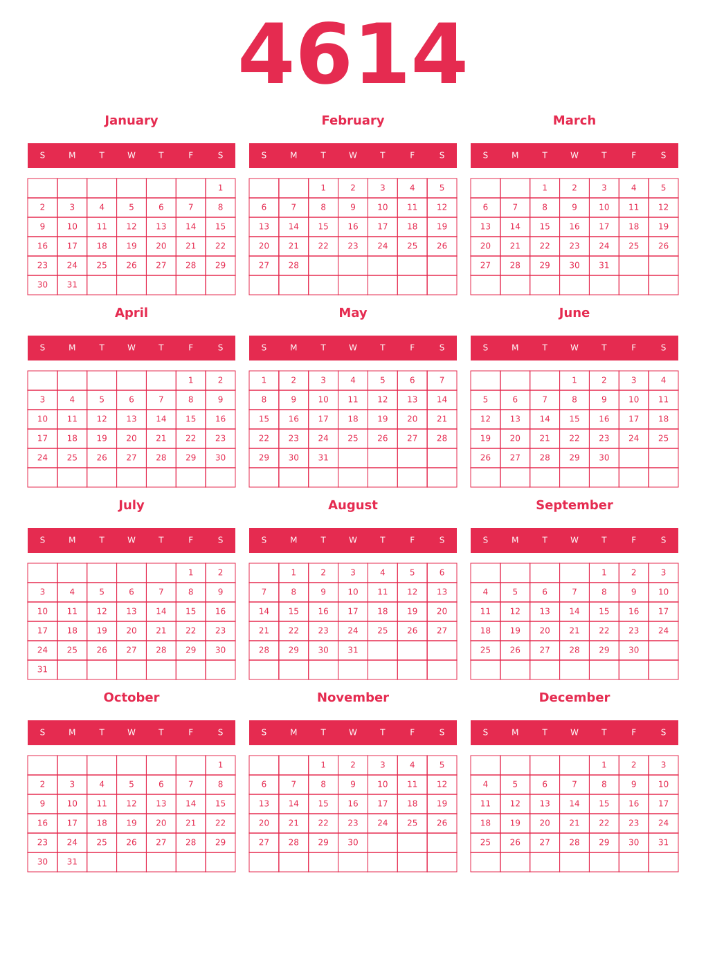 Printable 4614 Year Calendars amaranth