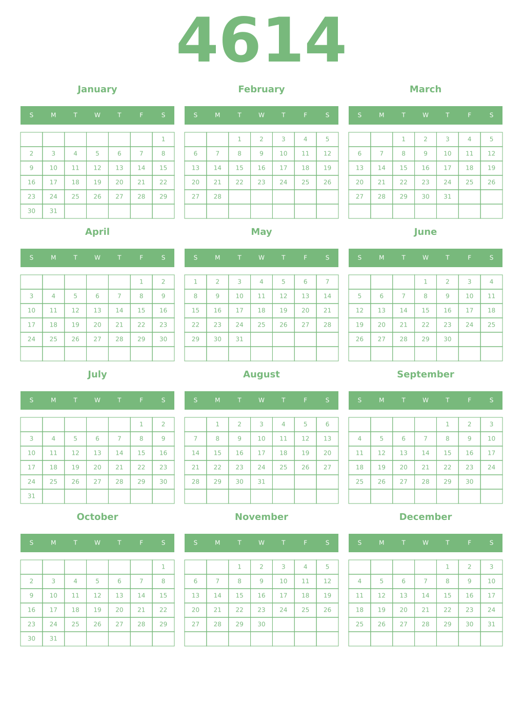 Printable 4614 Year Calendars celadon