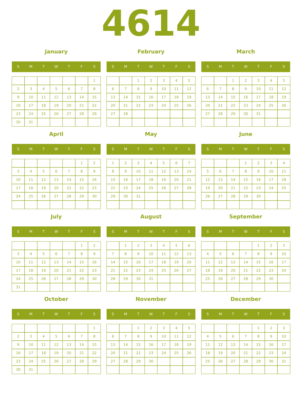 Printable 4614 Year Calendars chartreuse