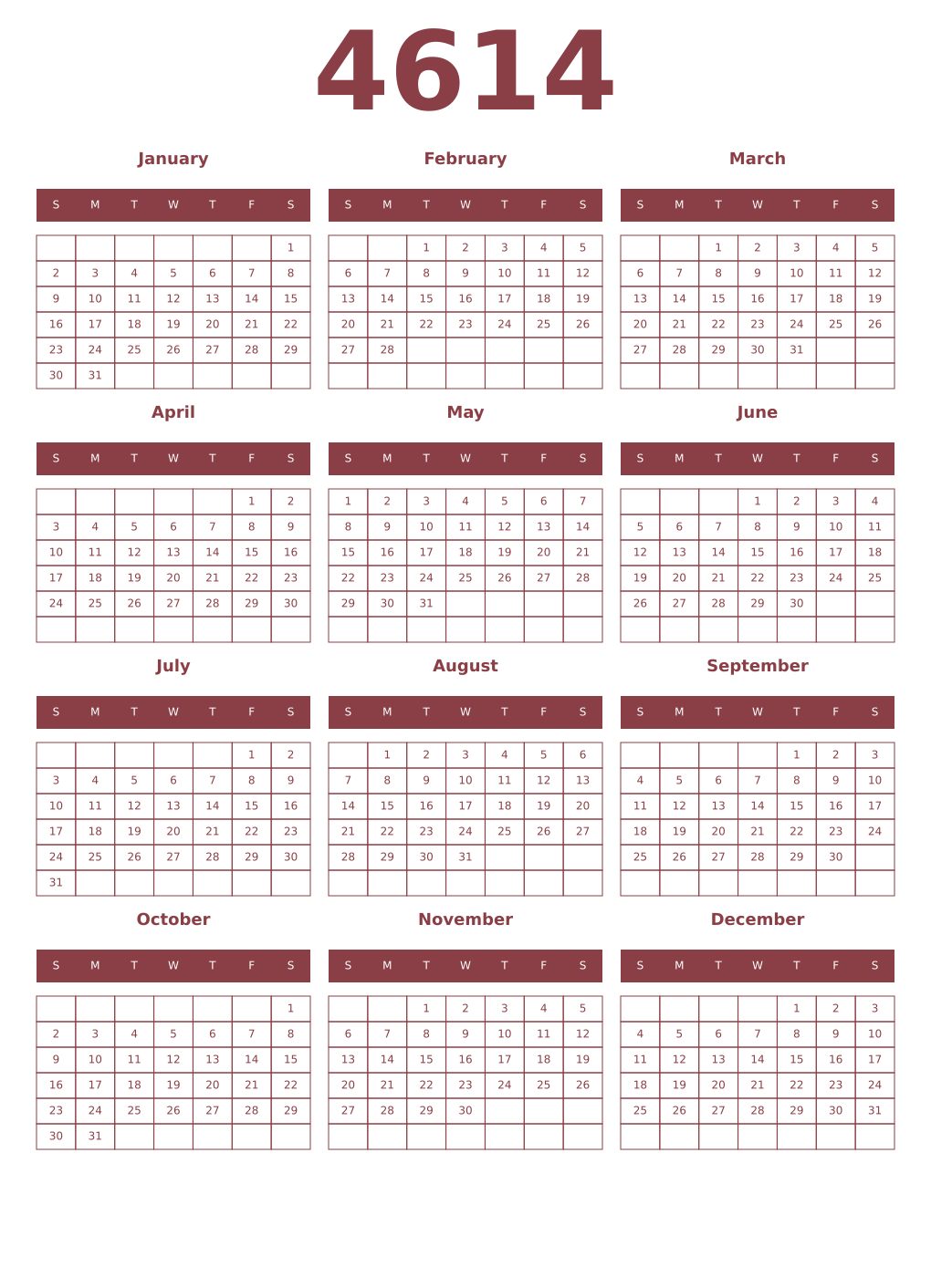 Printable 4614 Year Calendars cordovan