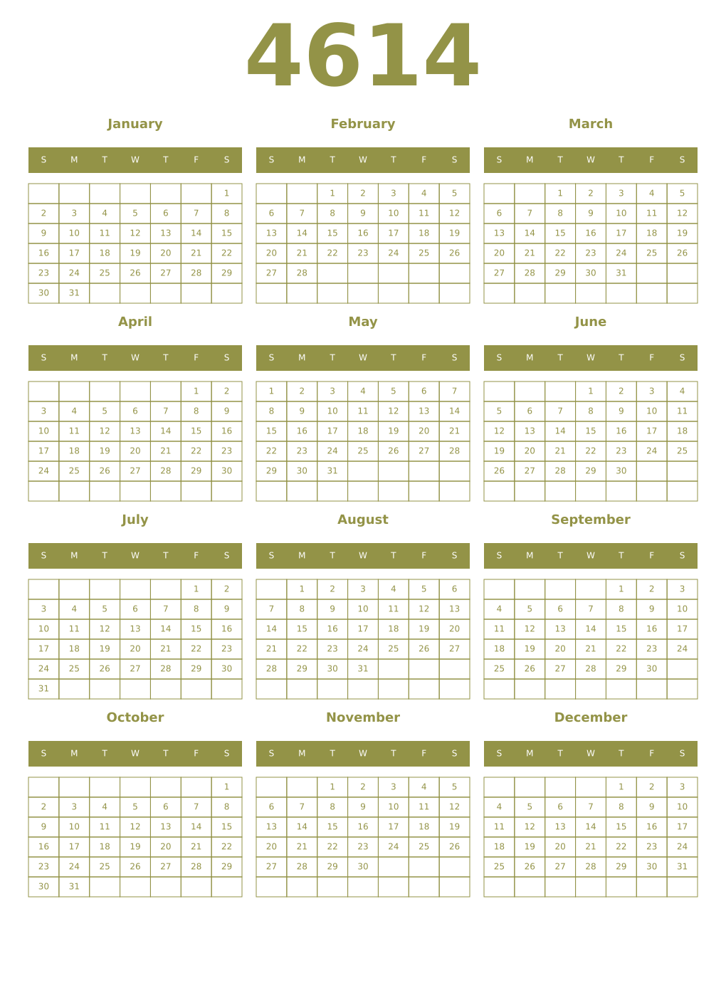 Printable 4614 Year Calendars eburnean