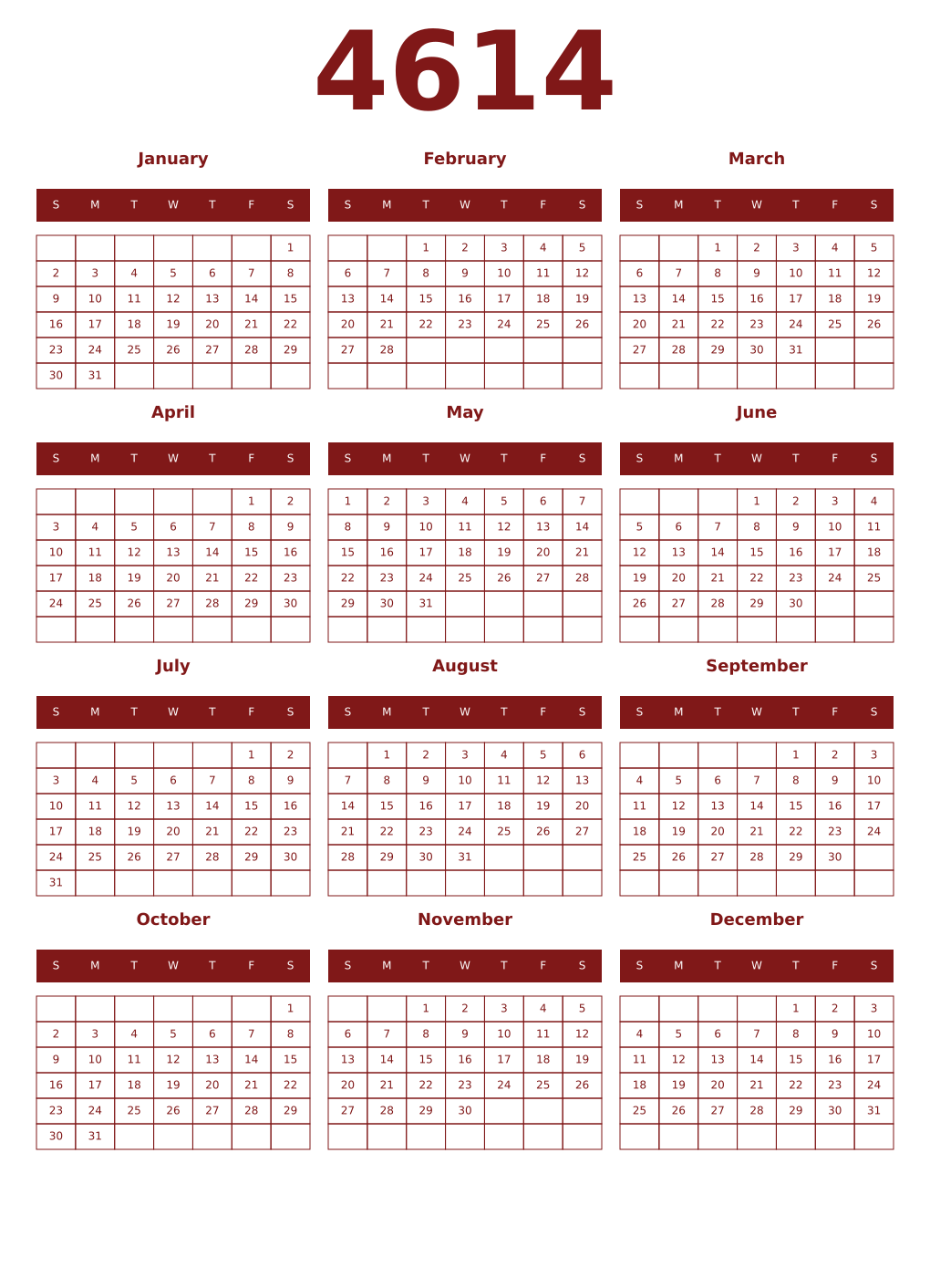 Printable 4614 Year Calendars falu