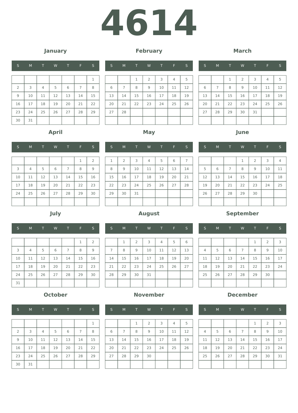Printable 4614 Year Calendars feldgrau