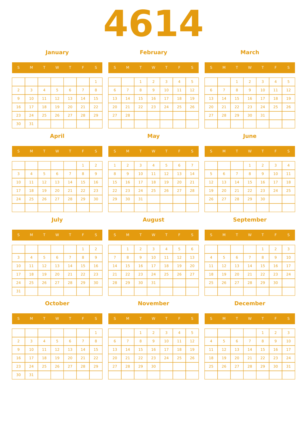 Printable 4614 Year Calendars gamboge