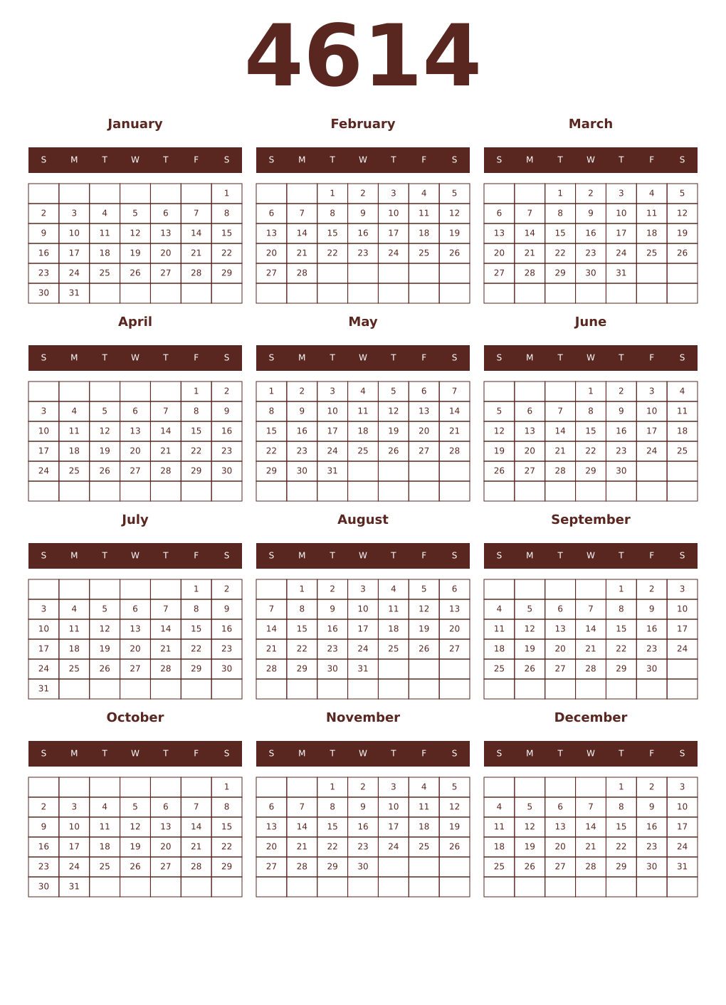 Printable 4614 Year Calendars mortuum