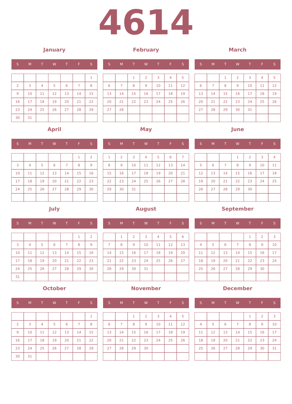 Printable 4614 Year Calendars puce