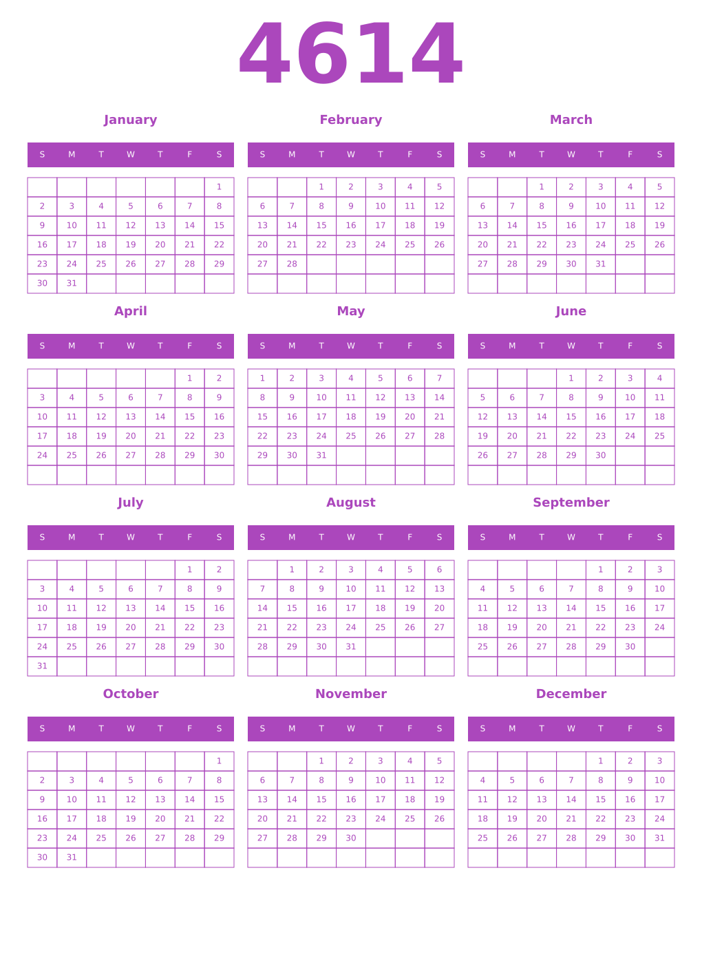 Printable 4614 Year Calendars purple