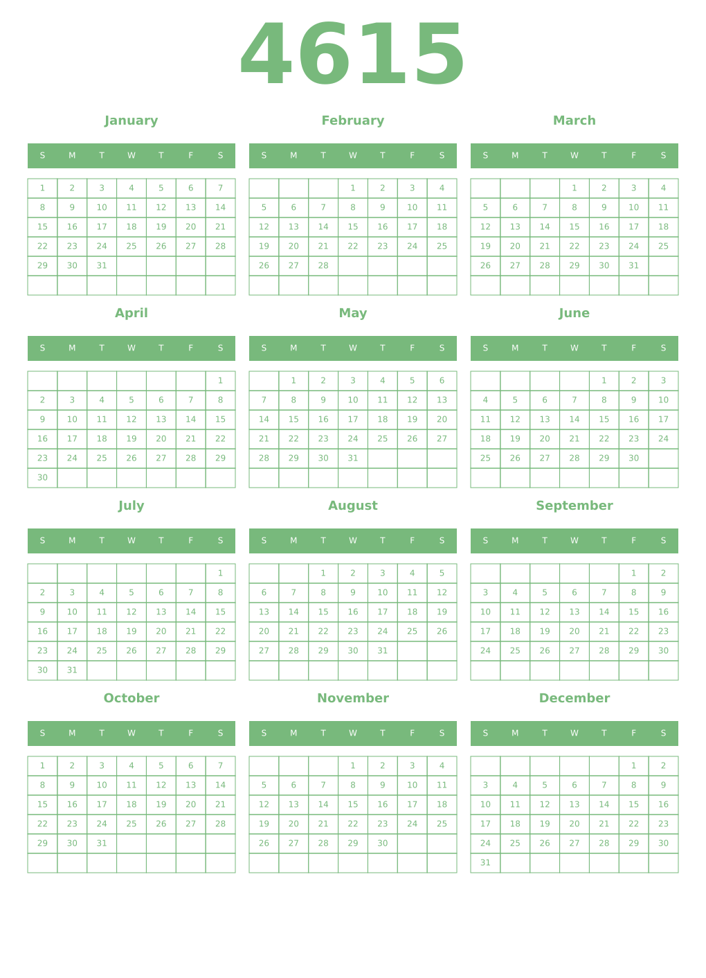 Printable 4615 Year Calendars celadon