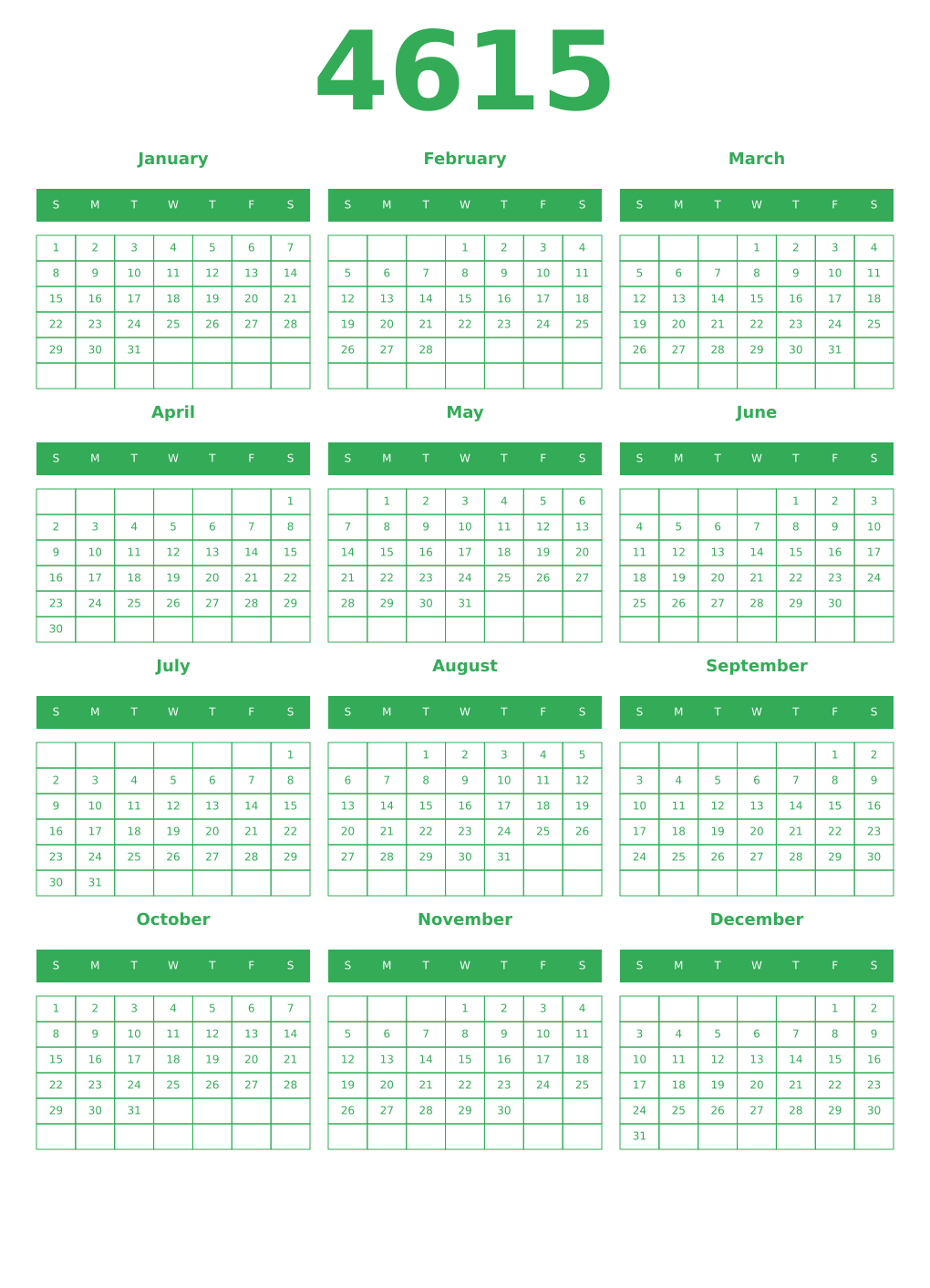 Printable 4615 Year Calendars green