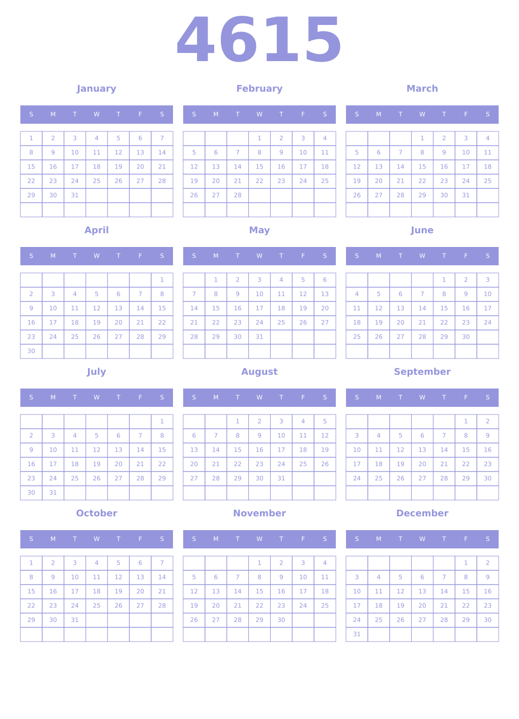 Printable 4615 Year Calendars periwinkle