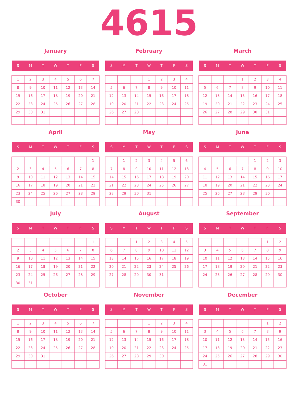 Printable 4615 Year Calendars pink