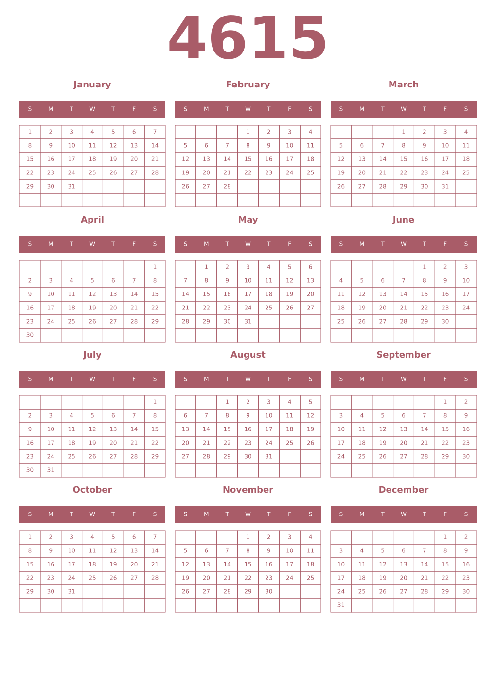 Printable 4615 Year Calendars puce