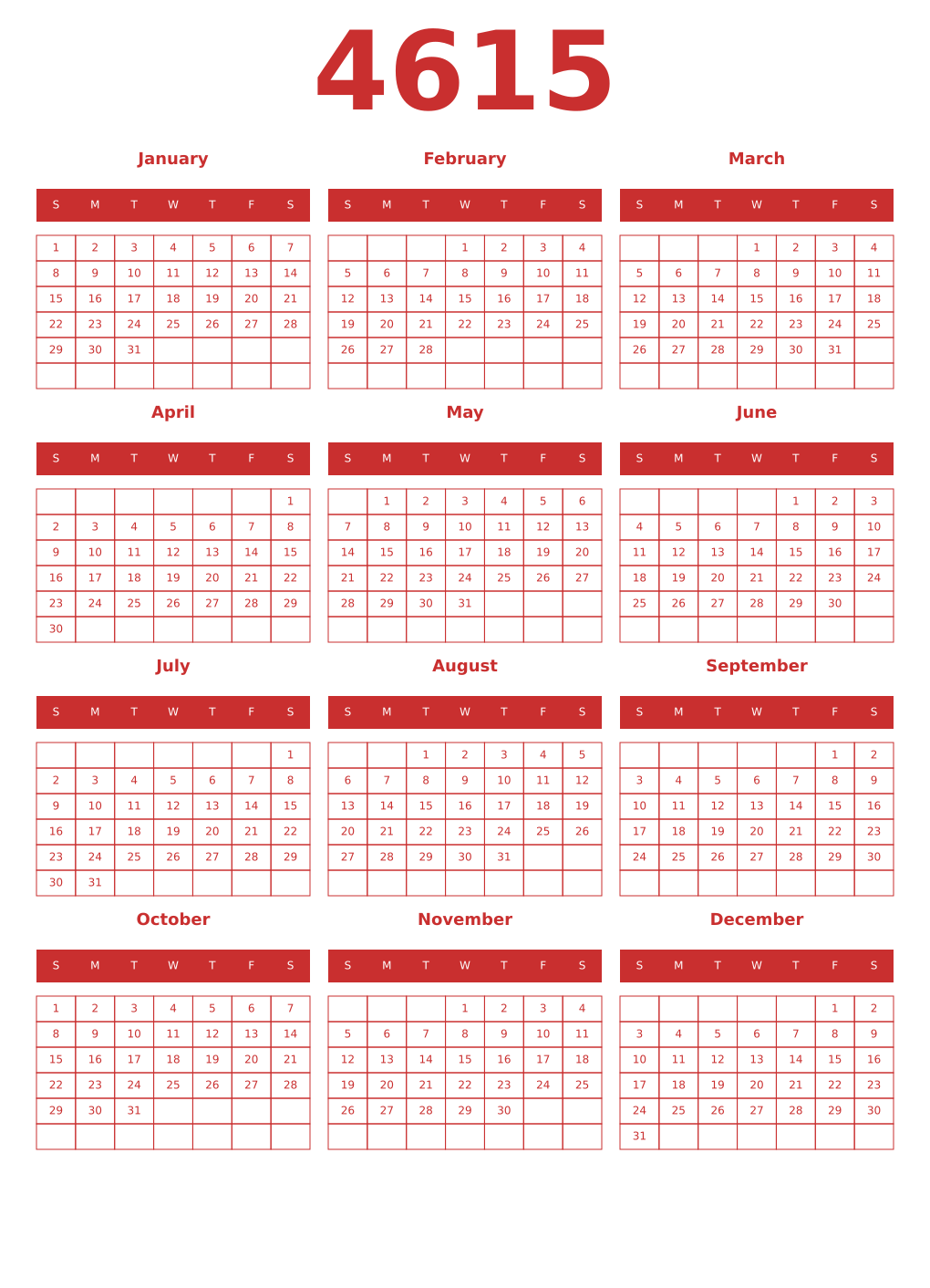 Printable 4615 Year Calendars red