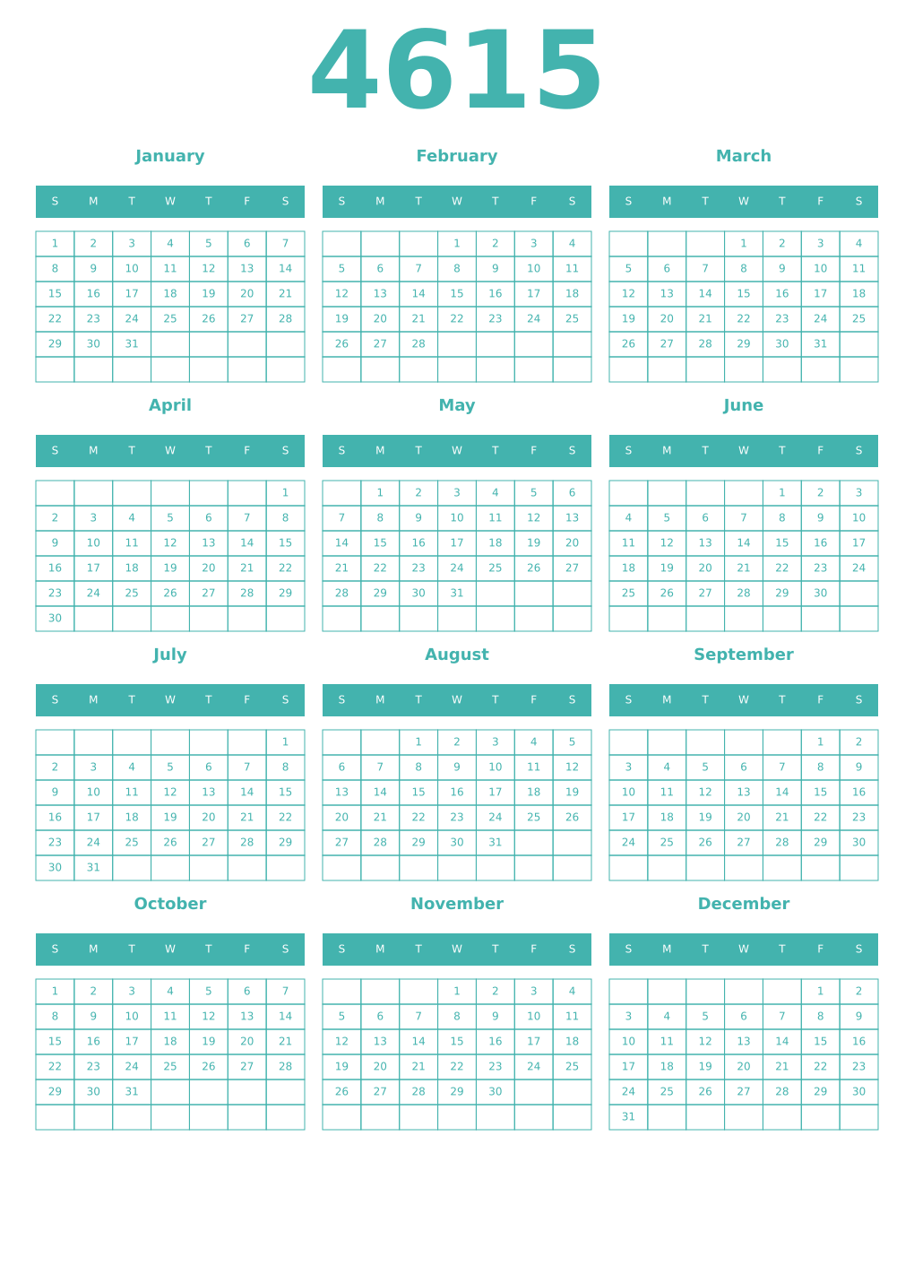 Printable 4615 Year Calendars verdigris
