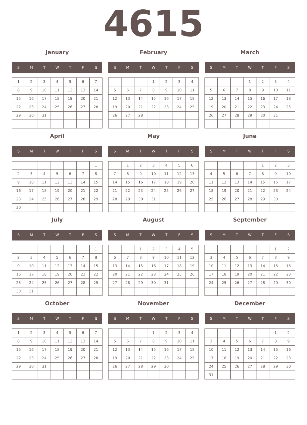 Printable 4615 Year Calendars wenge