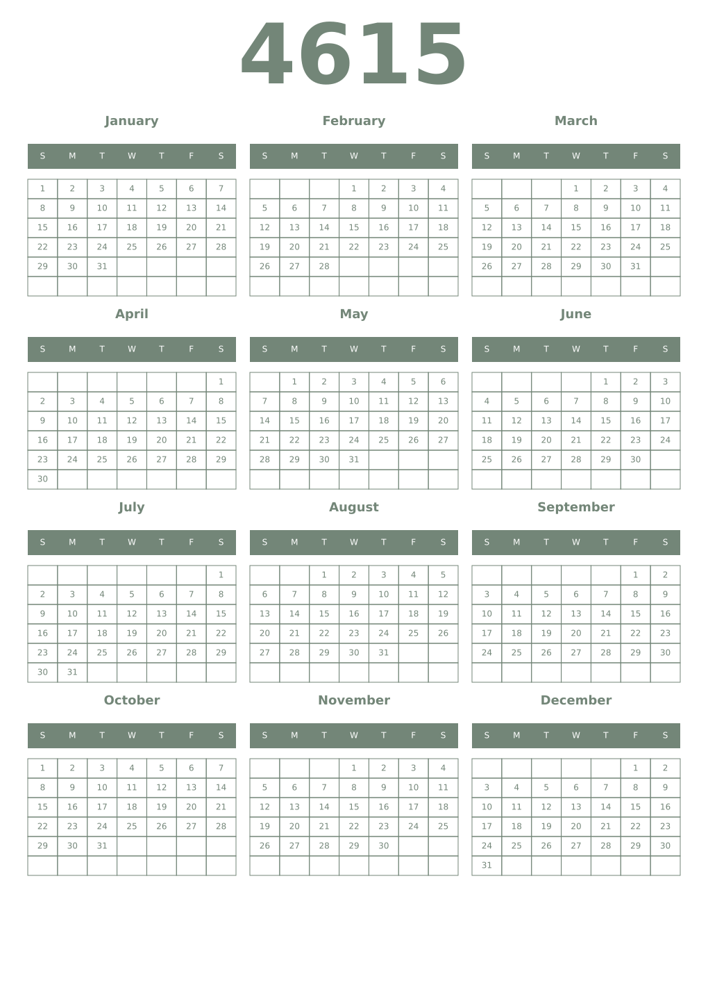 Printable 4615 Year Calendars xanadu